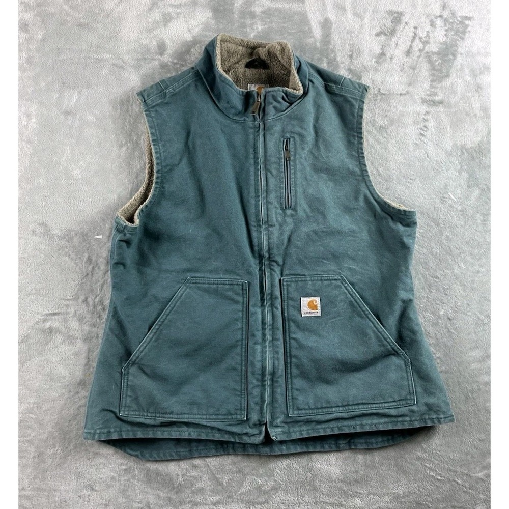 Carhartt Vest Womens Large Teal Sherpa Lined Faded Canvas WV001 DTL Workwear Y2K